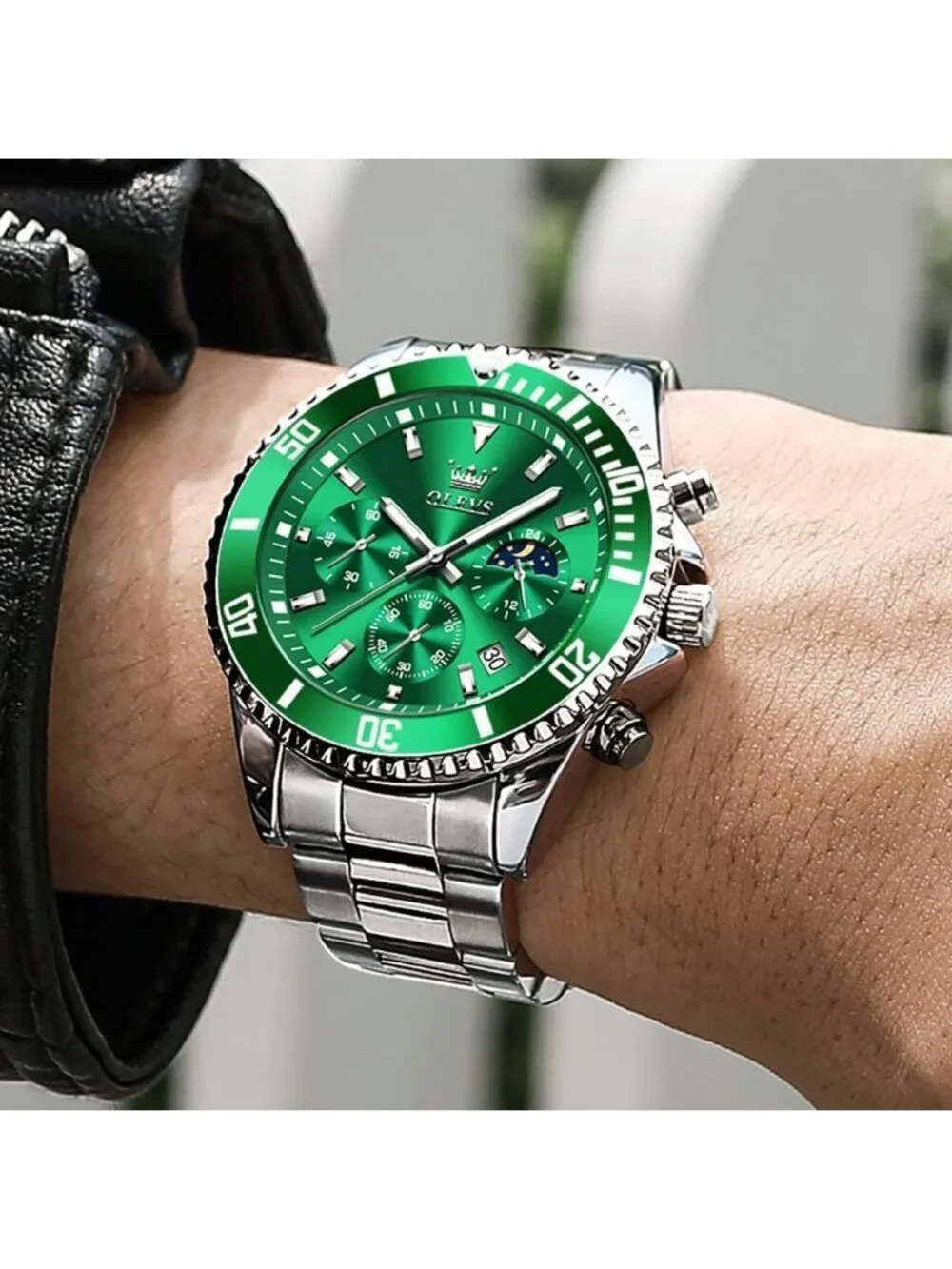 Men's Green Premium Silver Stainless Analog Rotatable Bezel Round Steel Watch